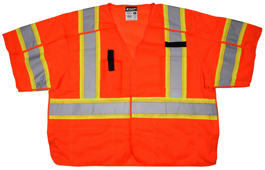 MCR Safety SURVCL3OX2 Luminator® Series Hi-Vis Reflective Orange Safety Vest ANSI/ISEA 107 2020 Type R Class 3 Mesh Fabric with 3-Inch Lime Silver Stripes Hook and Loop Front Closure (1 EA)