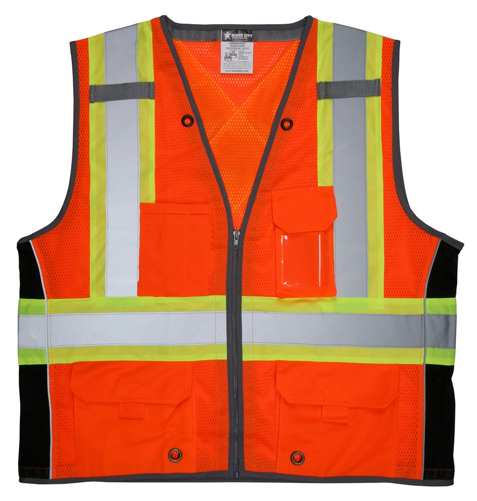 MCR Safety SURVCS2OL Hi-Vis Reflective Orange Safety Vest Mesh Fabric with 3-Inch Lime Silver Stripes ANSI/ISEA 107 2020 Type R Class 2 CSA Z96 Class 2 Compliant Zipper Front Closure Surveyor Safety Vest with 6 Pockets (1 EA)