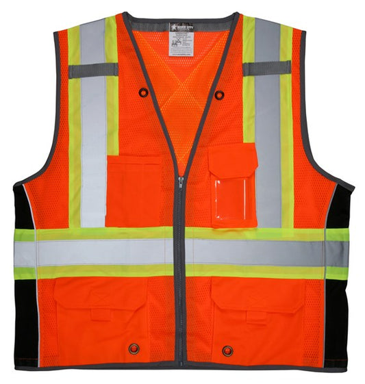 MCR Safety SURVCS2OM Hi-Vis Reflective Orange Safety Vest Mesh Fabric with 3-Inch Lime Silver Stripes ANSI/ISEA 107 2020 Type R Class 2 CSA Z96 Class 2 Compliant Zipper Front Closure Surveyor Safety Vest with 6 Pockets (1 EA)