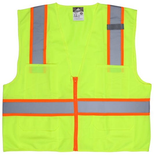 MCR Safety SURVLL Luminator® Series Hi-Vis Reflective Lime Safety Vest ANSI/ISEA 107 2020 Type R Class 2 Solid Fabric with 3-Inch Orange Silver Stripes Zipper Front Closure (1 EA)