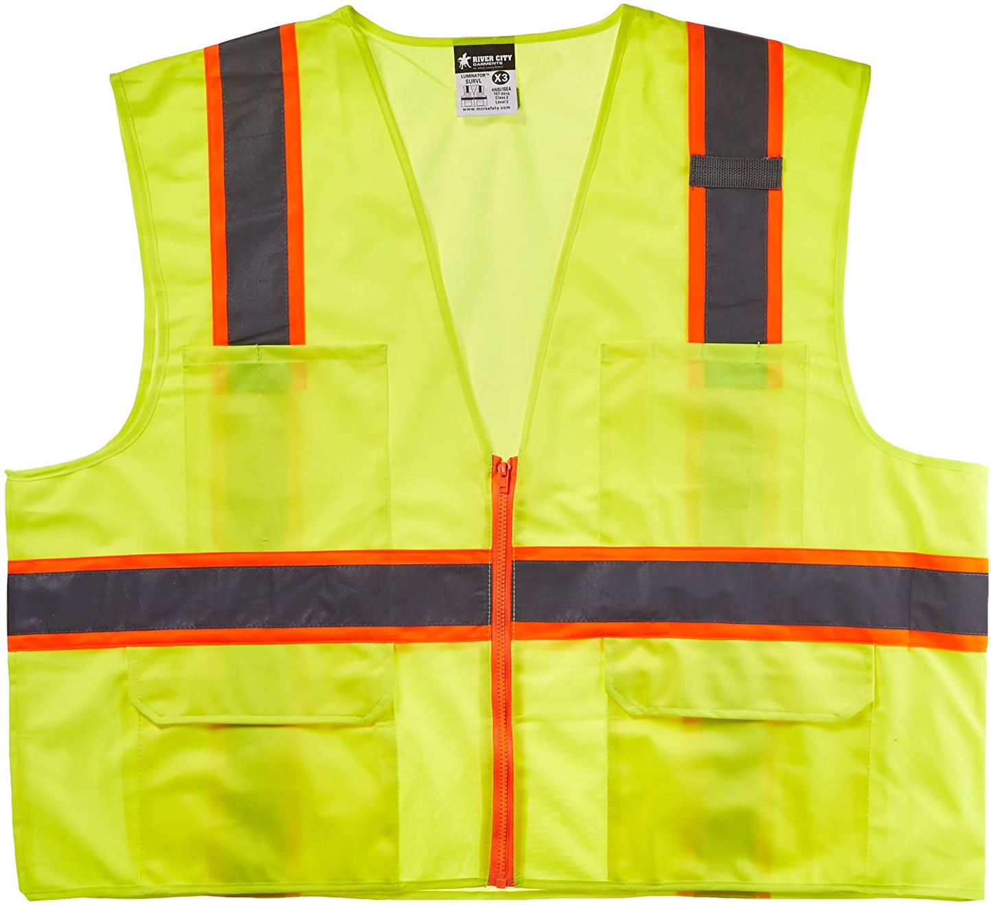 MCR Safety SURVLX3 Luminator® Series Hi-Vis Reflective Lime Safety Vest ANSI/ISEA 107 2020 Type R Class 2 Solid Fabric with 3-Inch Orange Silver Stripes Zipper Front Closure (1 EA)