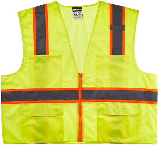 MCR Safety SURVLX3 Luminator® Series Hi-Vis Reflective Lime Safety Vest ANSI/ISEA 107 2020 Type R Class 2 Solid Fabric with 3-Inch Orange Silver Stripes Zipper Front Closure (1 EA)