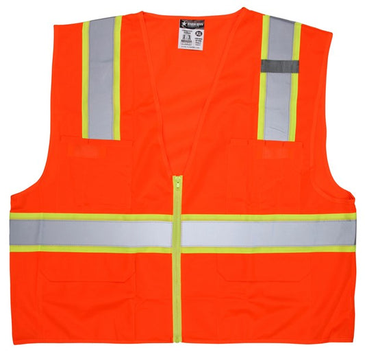 MCR Safety SURVOX3 Luminator® Series Hi-Vis Reflective Orange Safety Vest ANSI/ISEA 107 2020 Type R Class 2 Solid Fabric with 3-Inch Lime Silver Stripes Zipper Front Closure (1 EA)