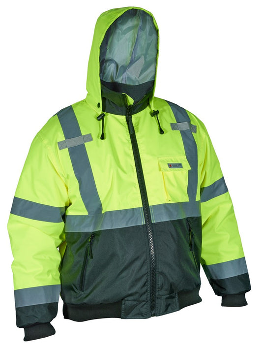 MCR Safety VBBCL3LL Luminator® Hi-Vis Bomber Jacket ANSI/ISEA 107 2020 Type R Class 3 Insulated Rain Jacket Fluorescent Lime/Black Silver Reflective Stripes (1 EA)