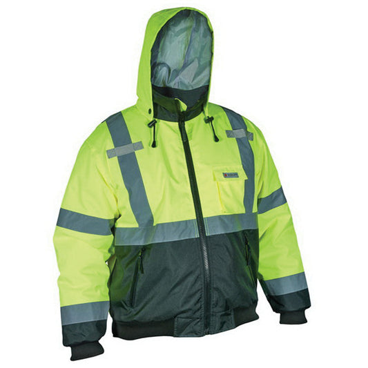 MCR Safety VBBCL3LM Luminator® Hi-Vis Bomber Jacket ANSI/ISEA 107 2020 Type R Class 3 Insulated Rain Jacket Fluorescent Lime/Black Silver Reflective Stripes (1 EA)