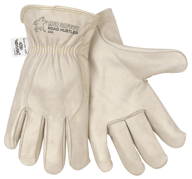 MCR Safety VP3224L Road Hustler  Premium Grain Leather Leather Drivers Work Gloves Rolled Hem and Wing Thumb Vending Packaged Sewn with DuPont™ Kevlar® (1 Pair)