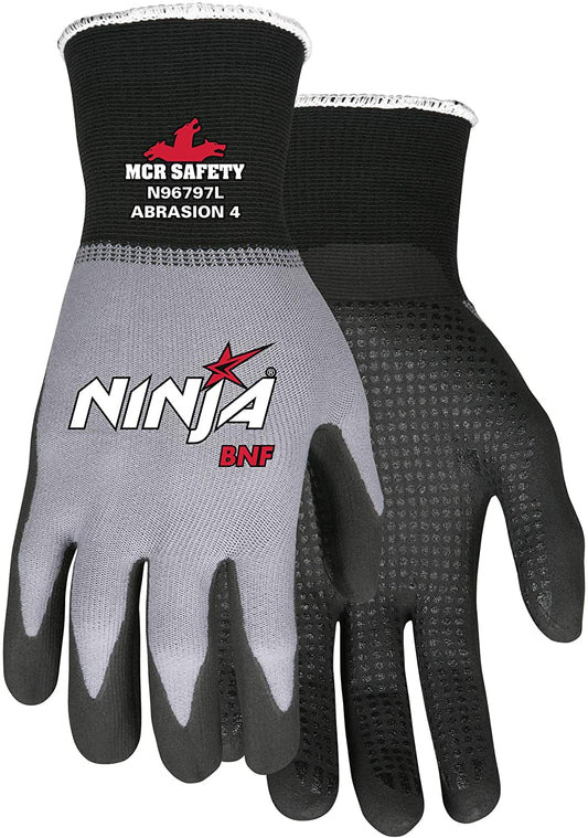 MCR Safety VPN96797XL Ninja® BNF Work Gloves 15 Gauge Nylon / Spandex NFT® Coated Palm and Fingertips with Dots Vending Packaged BNF (Breathable Nitrile Foam) with NFT® Coating (1 Pair)