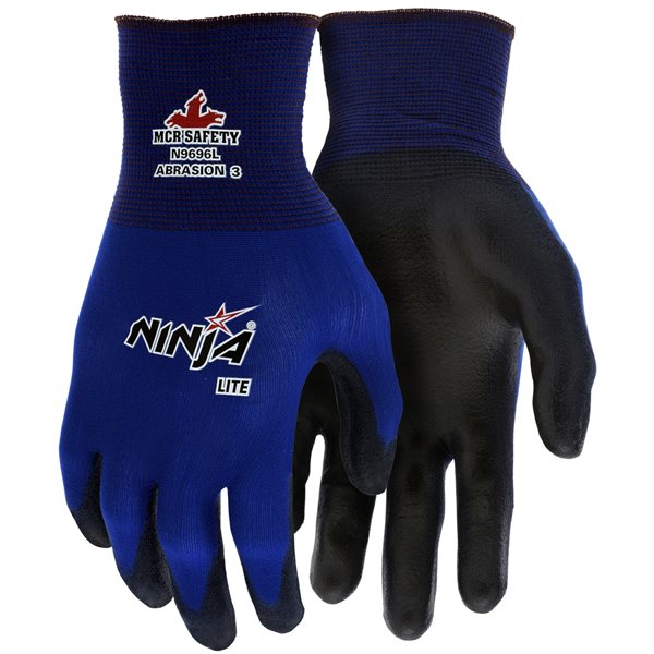 MCR Safety VPN9696S Ninja® Lite Work Gloves 18 Gauge Blue Nylon Shell Polyurethane (PU) Coated Palm and Fingertips Vending Packaged (1 Pair)