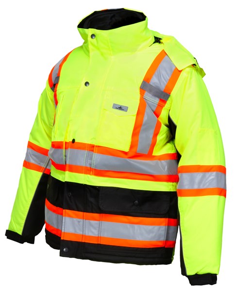 MCR Safety VT38JHL Vortex Hi Vis Rain Gear Winter Jacket with Detachable Hood Zip Out Fleece Liner Double Insulated Rip Stop Polyester / PU Meets ANSI/ISEA 107 2020 Standard Type R, Class 3 Compliant Meets CSA Z96 Class 2 Level 2 (1 EA)