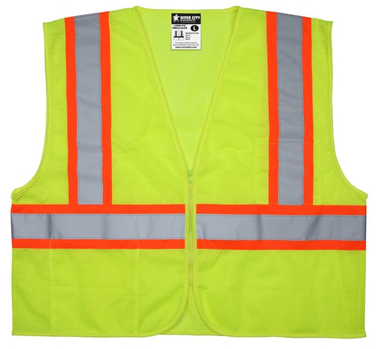 MCR Safety WCCL2LFRL Hi-Vis Reflective Lime Safety Vest 4.5 Inch Orange Silver Stripes Zipper Front Closure Meets ANSI/ISEA 107 2020 Standard Type R Class 2 Compliant Limited Flammability (1 EA)