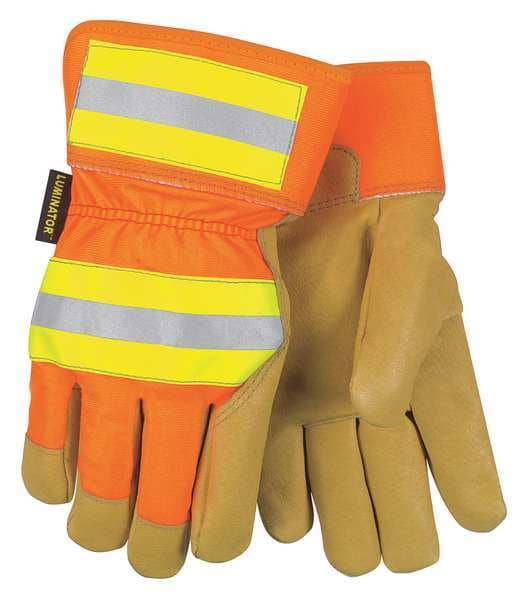 MCR Safety 19261L Luminator® Insulated Leather Palm Work Gloves 2.5 Inch Rubberized Safety Cuff Hi-Visibility Back Grain Pigskin Thermosock® lined for warmth (1 DZ)