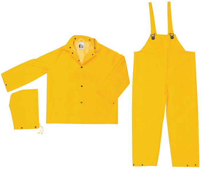 MCR Safety 2003FX2 Classic Series Rain Gear .35mm PVC / Polyester Material 3 Piece Waterproof Yellow Rain Suit Rain Jacket, Detachable Hood and Bib Pants (1 EA)