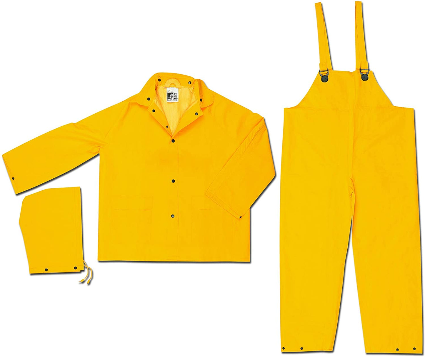 MCR Safety 2003L Classic Series Rain Gear .35mm PVC / Polyester Material 3 Piece Waterproof Yellow Rain Suit Rain Jacket, Detachable Hood and Bib Pants (1 EA)