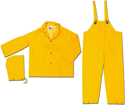 MCR Safety 2003L Classic Series Rain Gear .35mm PVC / Polyester Material 3 Piece Waterproof Yellow Rain Suit Rain Jacket, Detachable Hood and Bib Pants (1 EA)