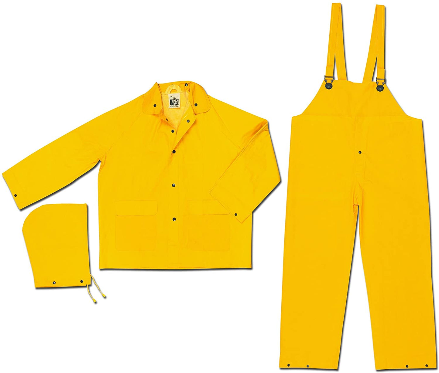 MCR Safety 2003S Classic Series Rain Gear .35mm PVC / Polyester Material 3 Piece Waterproof Yellow Rain Suit Rain Jacket, Detachable Hood and Bib Pants (1 EA)