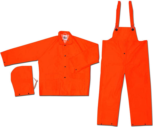 MCR Safety 2013RL Luminator® Series Reflective Rain Gear .35mm PVC / Polyester Rainwear 3 Piece Waterproof Orange Rain Suit Jacket with Detachable Hood and Bib Pants (1 EA)