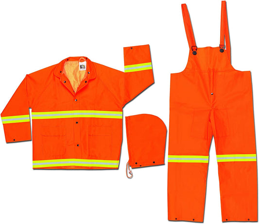 MCR Safety 2013RM Luminator® Series Reflective Rain Gear .35mm PVC / Polyester Rainwear 3 Piece Waterproof Orange Rain Suit Jacket with Detachable Hood and Bib Pants (1 EA)