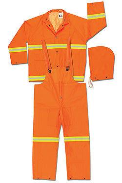 MCR Safety 2013RS Luminator® Series Reflective Rain Gear .35mm PVC / Polyester Rainwear 3 Piece Waterproof Orange Rain Suit Jacket with Detachable Hood and Bib Pants (1 EA)