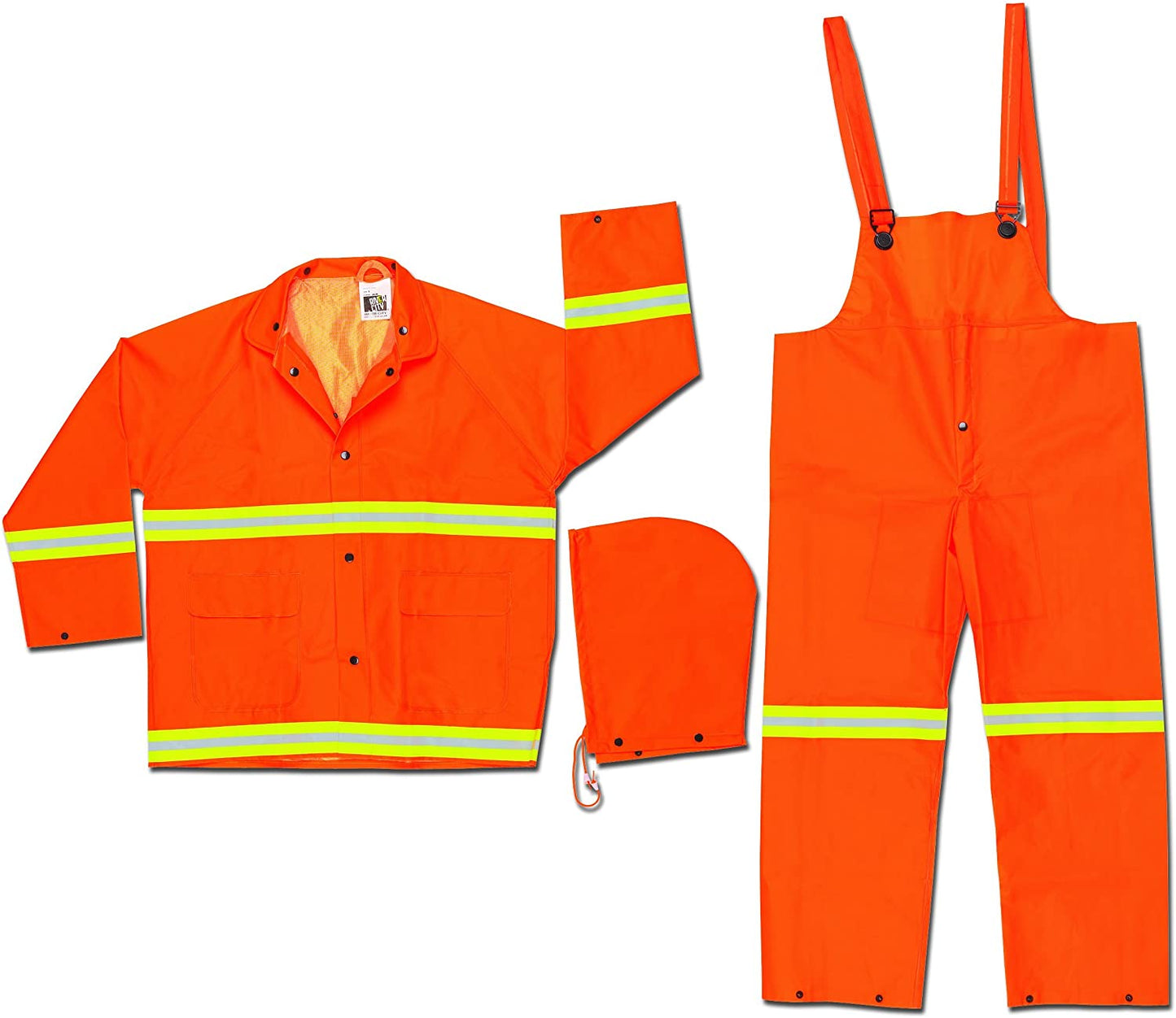 MCR Safety 2013RX4 Luminator® Series Reflective Rain Gear .35mm PVC / Polyester Rainwear 3 Piece Waterproof Orange Rain Suit Jacket with Detachable Hood and Bib Pants (1 EA)