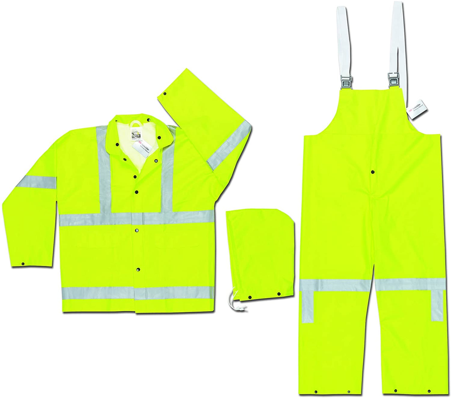 MCR Safety 2083SRM Luminator® Hi-Visibility Rain Gear .38mm PVC Polyester PVC 3 Piece Suit 3 Piece Hi Vis Reflective Rain Suit Meets ANSI/ISEA 107 2020 Standard Type R Class 3 Compliant (1 EA)