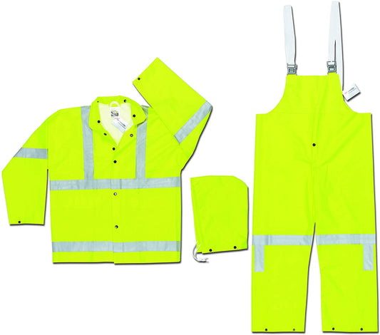 MCR Safety 2083SRX2 Luminator® Hi-Visibility Rain Gear .38mm PVC Polyester PVC 3 Piece Suit 3 Piece Hi Vis Reflective Rain Suit Meets ANSI/ISEA 107 2020 Standard Type R Class 3 Compliant (1 EA)