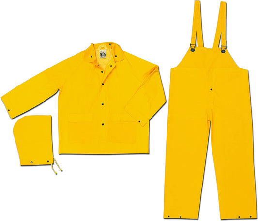 MCR Safety 2303L Classic Series Rain Gear PVC / Polyester Material 3 Piece Waterproof Yellow Rain Suit Rain Jacket, Detachable Hood and Bib Pants (1 EA)