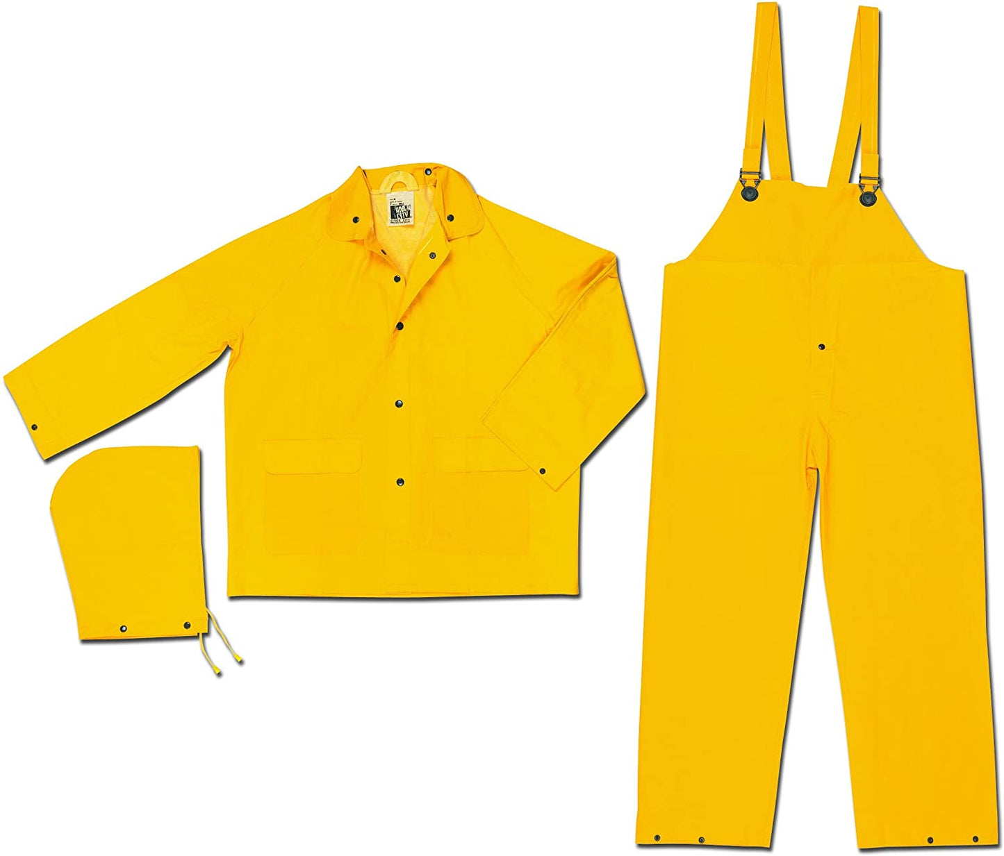 MCR Safety 2303X2 Classic Series Rain Gear PVC / Polyester Material 3 Piece Waterproof Yellow Rain Suit Rain Jacket, Detachable Hood and Bib Pants (1 EA)