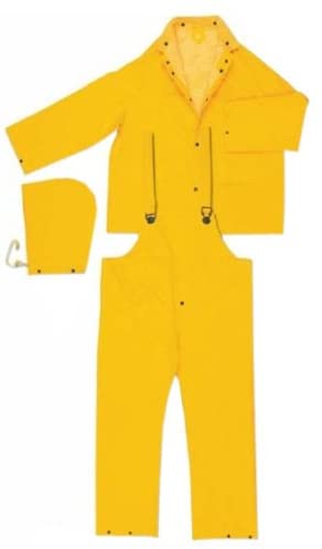 MCR Safety 2303XL Classic Series Rain Gear PVC / Polyester Material 3 Piece Waterproof Yellow Rain Suit Rain Jacket, Detachable Hood and Bib Pants (1 EA)