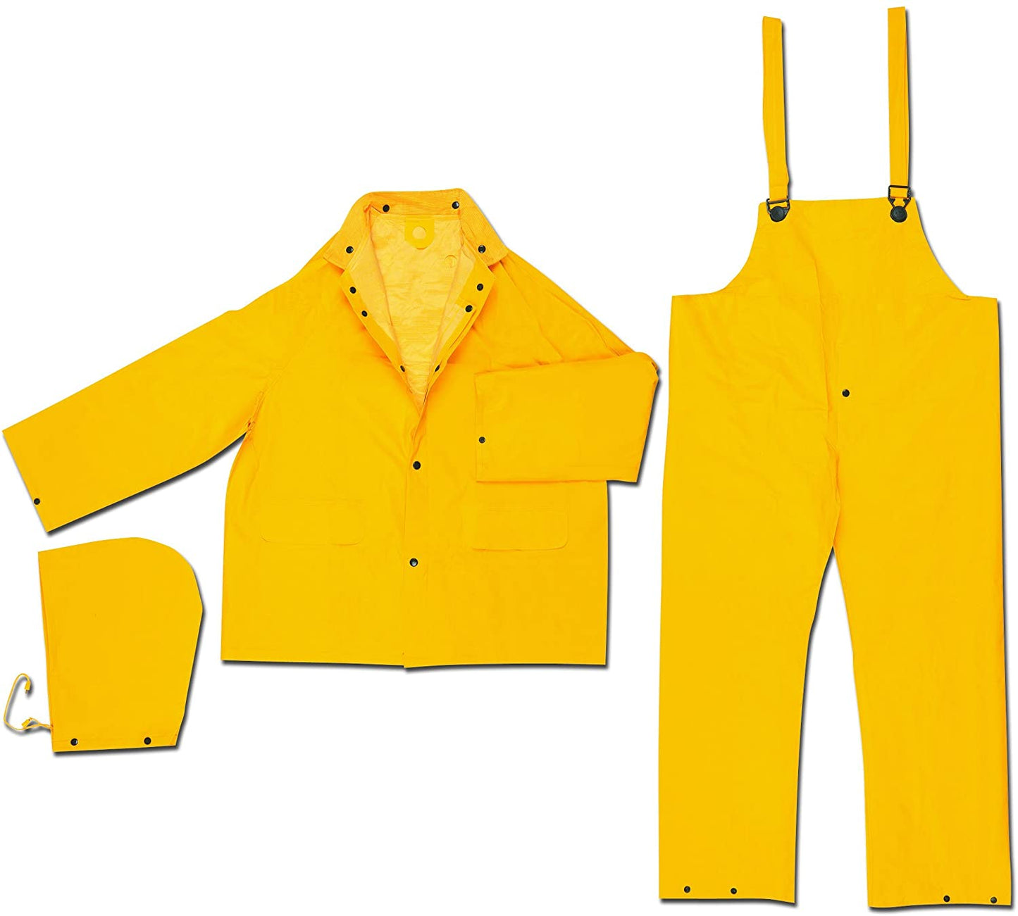 MCR Safety 2403L Classic Plus Series Rain Gear .35mm PVC / Polyester Material 3 Piece Waterproof Yellow Rain Suit Rain Jacket with Corduroy Collar Detachable Hood and Bib Pants (1 EA)