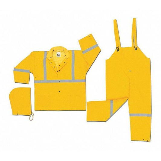 MCR Safety 2403RX3 Luminator® Series Reflective Rain Gear .35mm PVC / Polyester Rainwear 3 Piece Waterproof Yellow Rain Suit Rain Jacket with Corduroy Collar Detachable Hood and Bib Pants (1 EA)