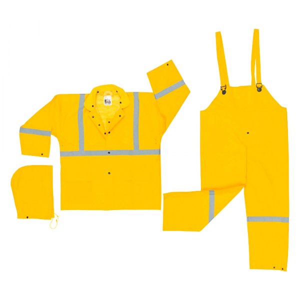 MCR Safety 2403RX4 Luminator® Series Reflective Rain Gear .35mm PVC / Polyester Rainwear 3 Piece Waterproof Yellow Rain Suit Rain Jacket with Corduroy Collar Detachable Hood and Bib Pants (1 EA)