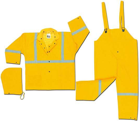 MCR Safety 2403RXL Luminator® Series Reflective Rain Gear .35mm PVC / Polyester Rainwear 3 Piece Waterproof Yellow Rain Suit Rain Jacket with Corduroy Collar Detachable Hood and Bib Pants (1 EA)