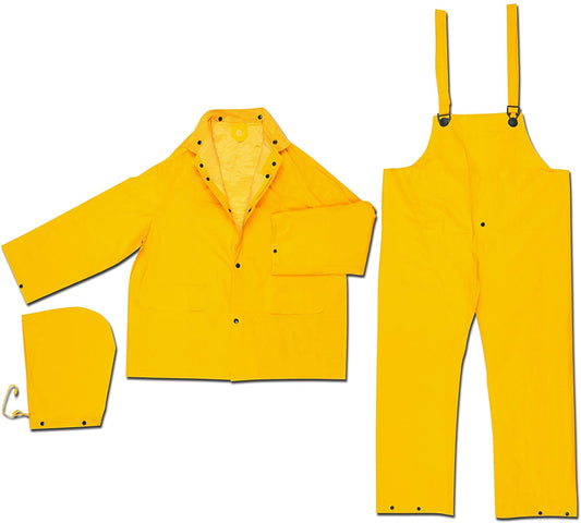 MCR Safety 2403X2 Classic Plus Series Rain Gear .35mm PVC / Polyester Material 3 Piece Waterproof Yellow Rain Suit Rain Jacket with Corduroy Collar Detachable Hood and Bib Pants (1 EA)