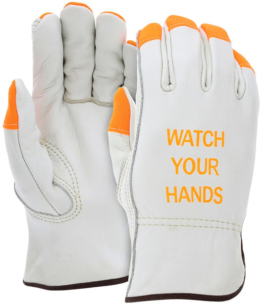 MCR Safety 3213HVIL Leather Drivers Work Gloves CV Grade Cow Grain Leather Watch Your Hands Logo with Orange Fingertips (1 DZ)