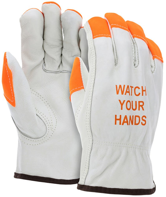 MCR Safety 3215HVIL Leather Drivers Work Gloves CV Grade Cow Grain Leather Watch Your Hands Logo Stitched Orange Fingertips (1 DZ)