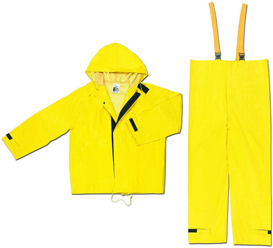 MCR Safety 3902L Hydroblast Series Rain Gear .28mm PVC / Nylon / PVC Rain Wear 2 Piece Hydroblasting Rain Suit Rain Jacket,  Attached Hood and Bib Pants (1 EA)