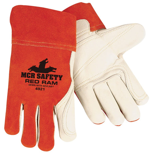 MCR Safety 4921S MCR Safety Red Ram™ Leather Welding Work Gloves Grain Leather Double Palm, Split Leather Back Fleece Lined Palm (1 DZ)