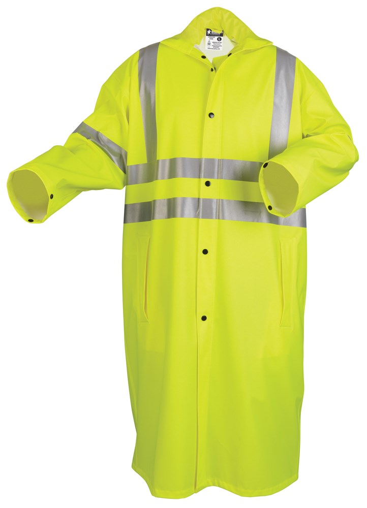 MCR Safety 518CXL Luminator® Hi Vis Rain Gear Hi-Vis Long Waterproof Raincoat .40mm PU / Cotton Poly Blend Stretch Fabric Meets ANSI/ISEA 107 2020 Standard Type R Class 3 Compliant (1 EA)