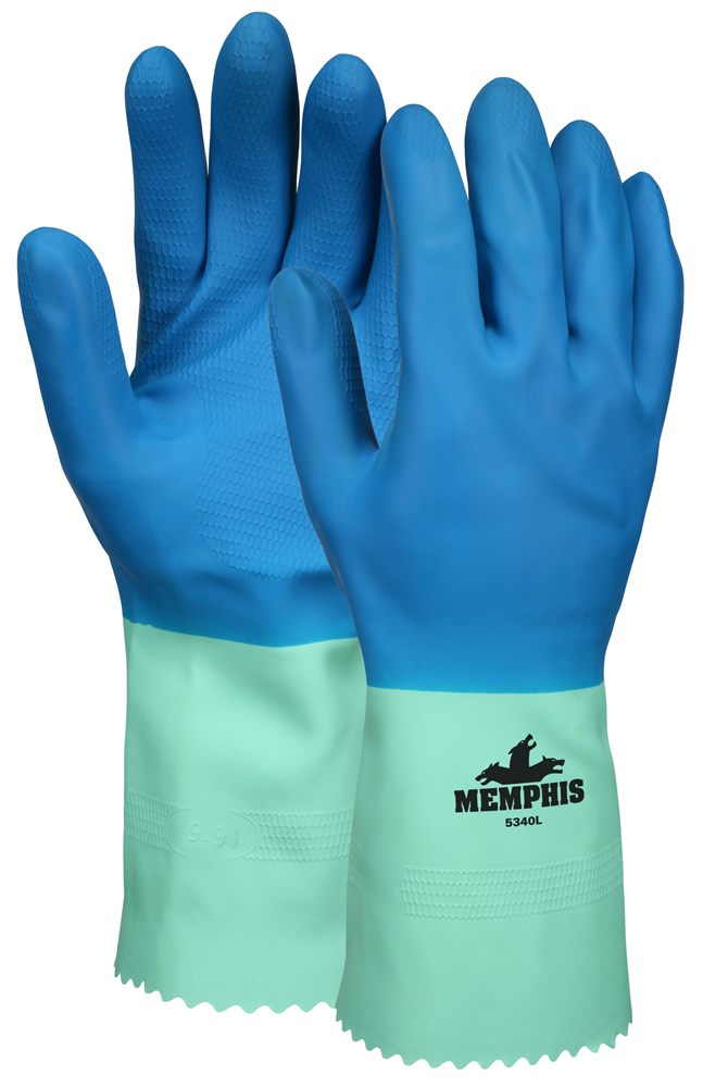 MCR Safety 5340S Flock Lined Gloves Blue Nitrile over Green Latex Industrial Grade 12 Inches in Length 28 mil Thickness (1 DZ)