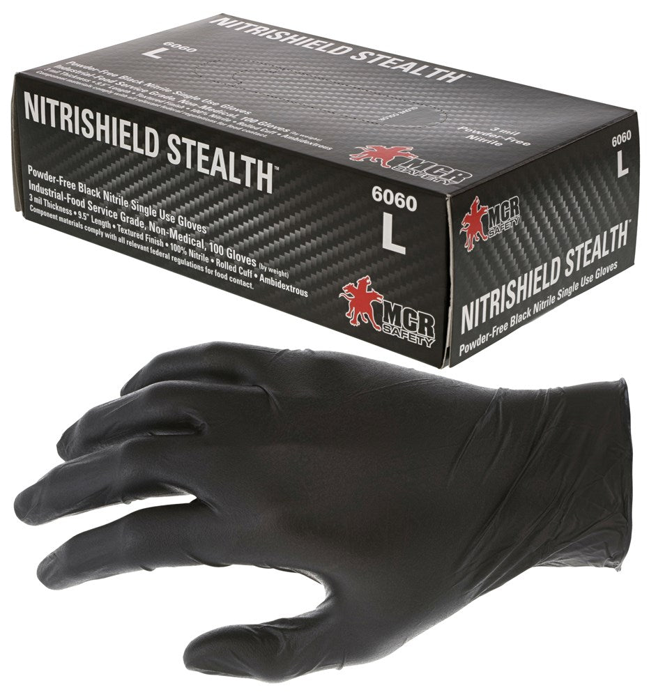 MCR Safety 6060S 3 mil (4.62 g) NitriShield™ Gloves Powder Free Disposable Nitrile Industrial Food Service Grade Textured Finish 9.5 Inches Black (1 CS)