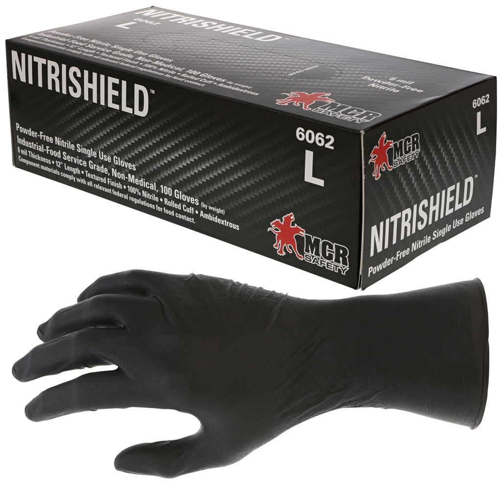 MCR Safety 6062XL 6 mil (6.6 g) NitriShield™ Gloves Powder Free Disposable Nitrile Industrial Food Service Grade Textured Grip 12 Inches (1 CS)