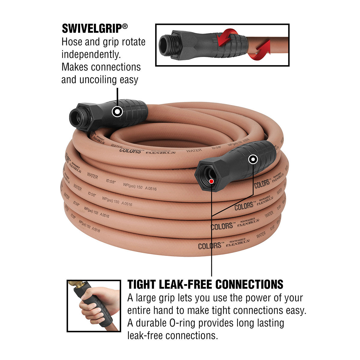 Colors HFZC550TCS SwivelGrip® Garden Hose, 5/8" x 50', 3/4" - 11 1/2 GHT Fittings, Red Clay