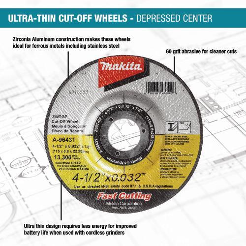 Makita A-96431-25 4‘1/2" x .032" x 7/8" Depressed Center Ultra Thin Cut‘Off Wheel, Stainless, 25/pk