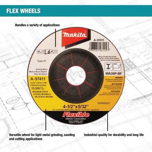 Makita A-97411-25 4‘1/2" x 5/32" x 7/8" INOX Flex Grinding Wheel, 36 Grit, 25/pk