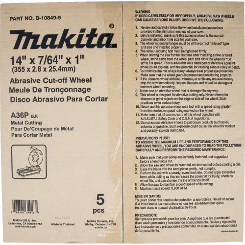 Makita B-10849-5 14" x 7/64" x 1" Abrasive Cut‘Off Wheel, 5/pk