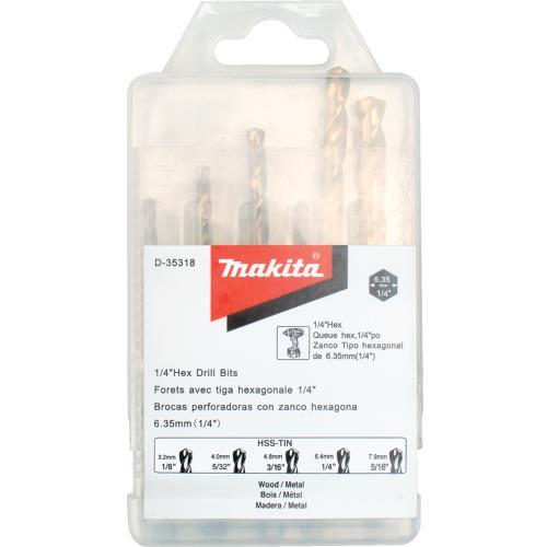 Makita D-35318 5 Pc. Titanium Coated Drill Bit Set, 1/4" Hex Shank