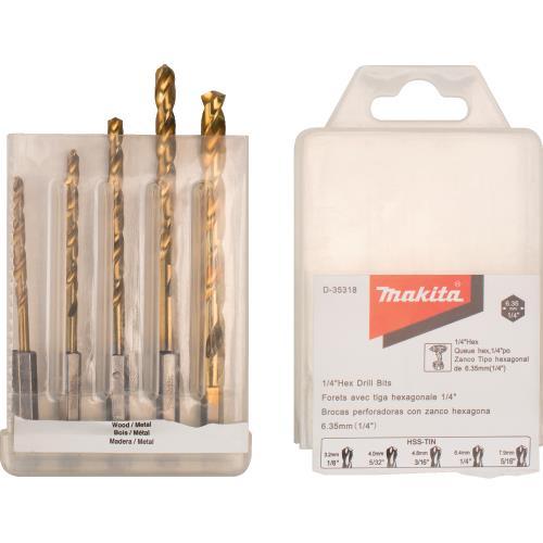 Makita D-35318 5 Pc. Titanium Coated Drill Bit Set, 1/4" Hex Shank