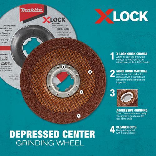 Makita E-00468 X‘LOCK 5" x 1/4" x 7/8" Type 27 General Purpose 36 Grit Abrasive Grinding Wheel for Metal & Stainless Steel Grinding