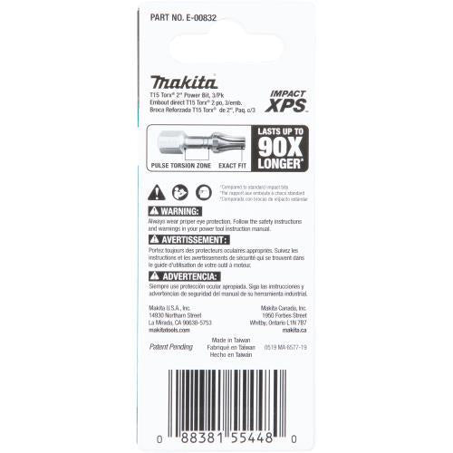 Makita E-00832 Impact XPS® T15 Torx 2" Power Bit, 3/pk