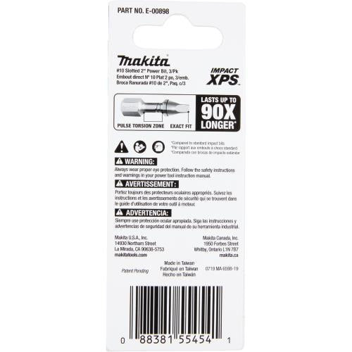 Makita E-00898 Impact XPS® #10 Slotted 2" Power Bit, 3/pk